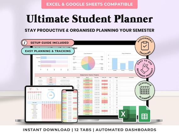 Academic Student Planner Spreadsheet School Assignment Tracker Google Sheets Excel College Study Planner Template University Class Planner