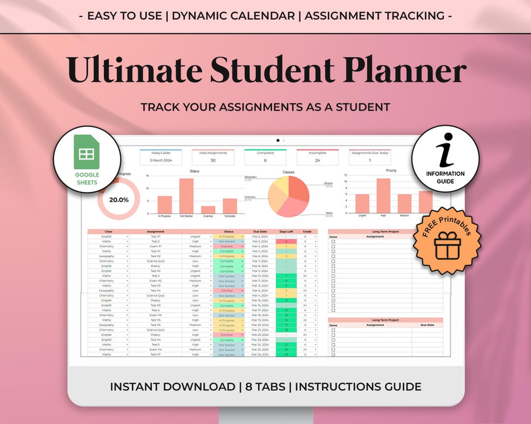 Academic Student Planner Spreadsheet, School Assignment Tracker Google ...