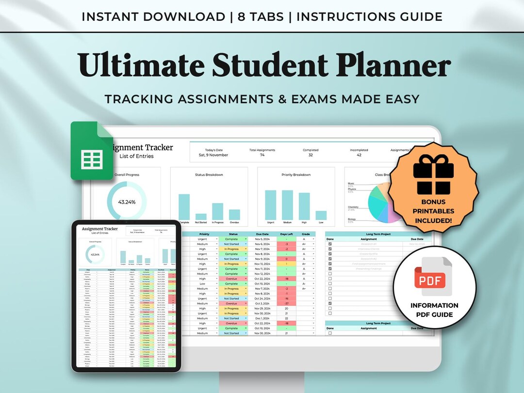 Academic Student Planner Spreadsheet, School Assignment Tracker Google ...