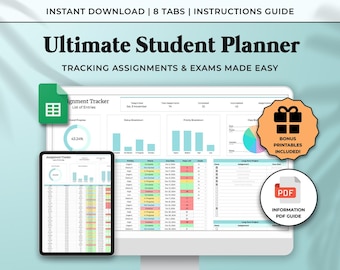 Könnte beinhalten: Ein digitaler Planer für Studenten mit 8 Registerkarten, darunter ein Aufgaben-Tracker, eine Statusaufteilung, eine Prioritätenaufteilung, eine Kursaufteilung, eine Langzeitprojektaufgabe, eine Fälligkeitsdatumsliste, ein Noten-Tracker und ein Notizbereich. Der Planer soll Studenten helfen, ihre Aufgaben und Prüfungen zu verfolgen, und enthält zusätzliche druckbare Ressourcen. Der Planer wird auf einem Computerbildschirm mit einem PDF-Anleitungs-Symbol und einem Symbol für zusätzliche druckbare Inhalte angezeigt.