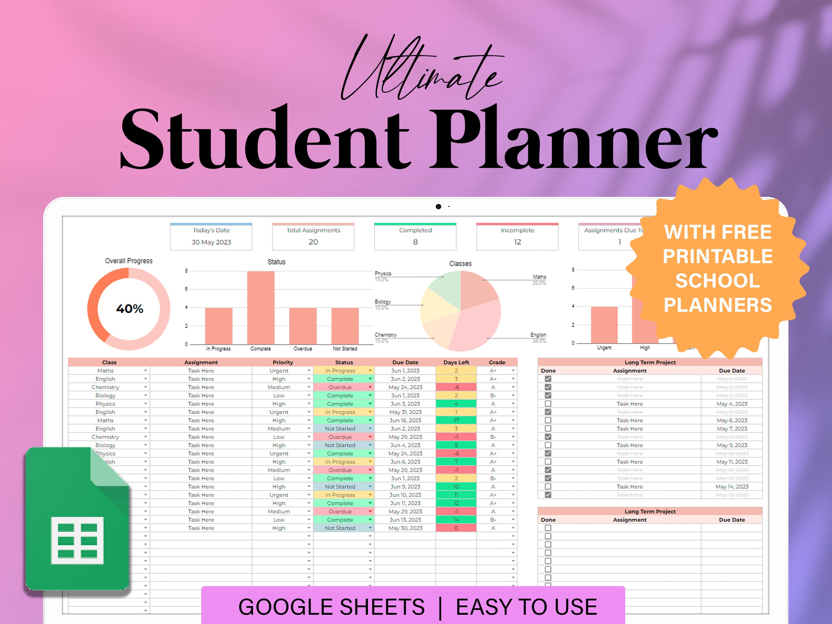 Ultimate Student Planner Spreadsheet, Assignment Tracker Google Sheets ...