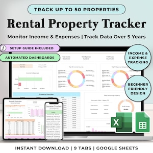 May include: A digital Rental Property Tracker displayed on a laptop, tablet, and smartphone. The software monitors income and expenses, tracks data over 5 years, and includes automated dashboards. The design is beginner-friendly, with a setup guide and income & expense tracking.