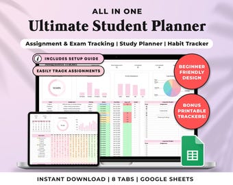 Academic Student Planner Spreadsheet, School Assignment Tracker Google Sheets, College Study Tracker Template,University Planner Spreadsheet