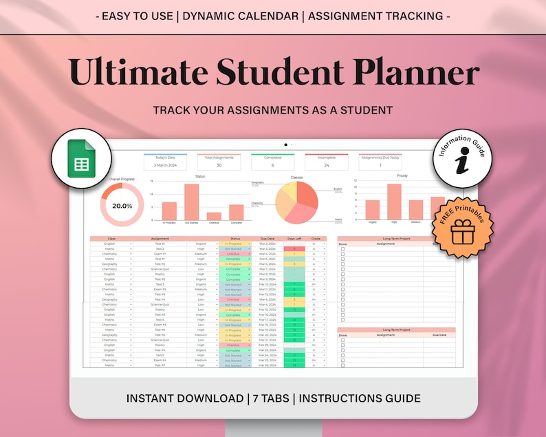 Academic Student Planner Spreadsheet, School Assignment Tracker Google Sheets, Assignment Tracking Spreadsheet, Online Study Planner Template