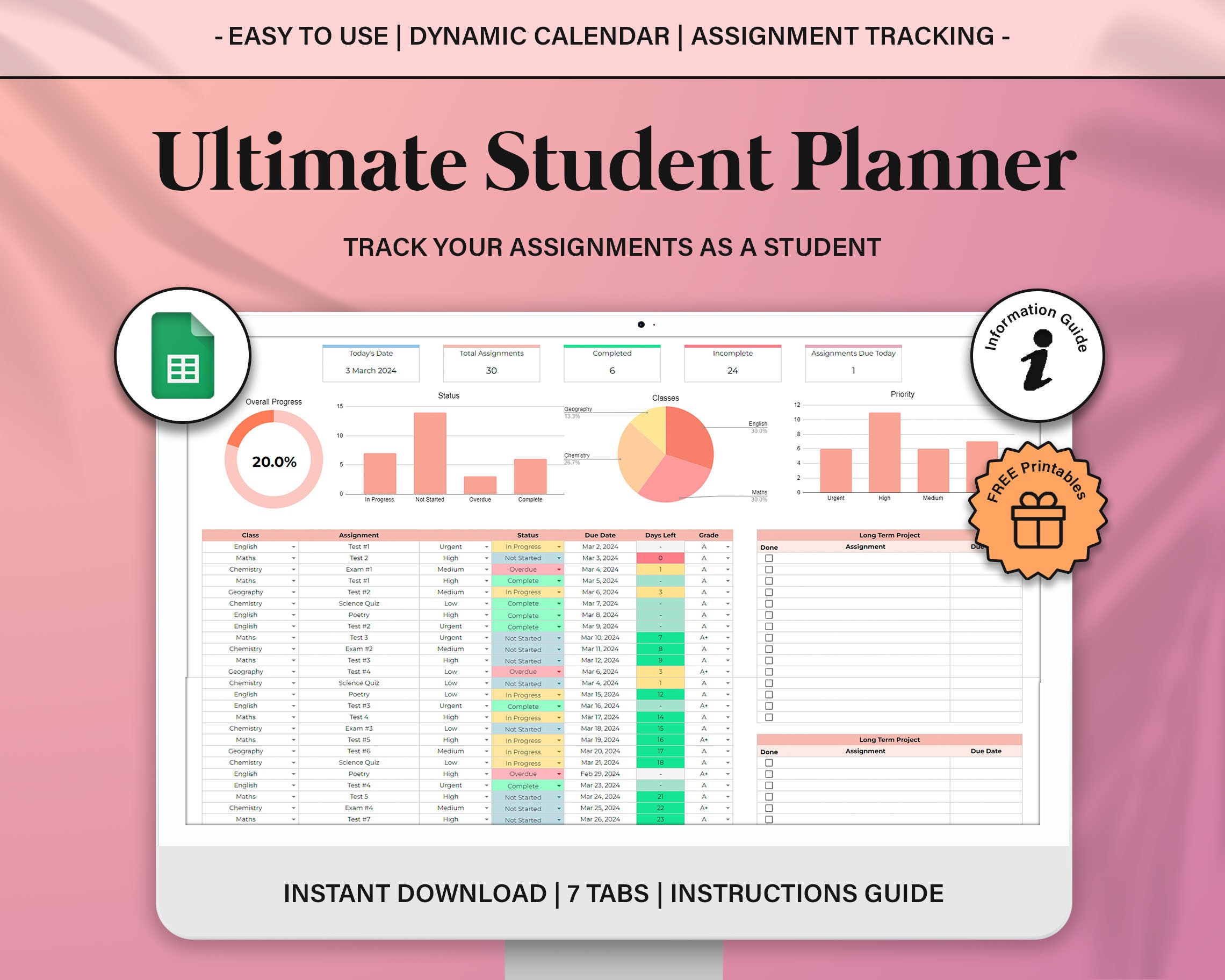 Academic Student Planner Spreadsheet, School Assignment Tracker Google  Sheets, Assignment Tracking Spreadsheet,online Study Planner Template - Etsy