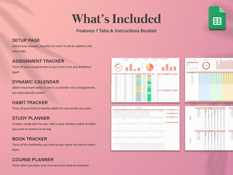 Academic Student Planner Spreadsheet, School Assignment Tracker Google Sheets, Assignment Tracking Spreadsheet,Online Study Planner Template image 2