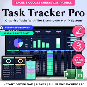 May include: A laptop, tablet, and smartphone display a task management dashboard. The screen shows charts and data, with the text "Task Tracker Pro" and "Organise Tasks With The Eisenhower Matrix System." Additional text includes "Excel & Google Sheets Compatible" and "Instant Download | 6 Tabs | All in One Dashboard."