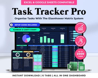 Plantilla de hoja de cálculo de seguimiento de tareas de Excel Hojas de cálculo de Google Matriz de Eisenhower Lista de tareas digitales Rastreador de prioridades de tareas Gerente de proyecto de equipo diario