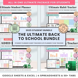 Back To School Student Bundle Student Planner Template Google Sheets Productivity Spreadsheet Excel School Template Assignment Tracker Habit