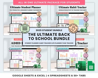 Back To School Student Bundle Student Planner Template Google Sheets Productivity Spreadsheet Excel School Template Assignment Tracker Habit