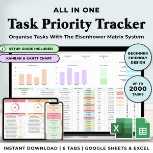 Excel 365 Task Priority Tracker-spreadsheet Google Spreadsheets Eisenhower Matrix Taaktracker-sjabloon Team Taakbeheer-sjabloon Taakkalender