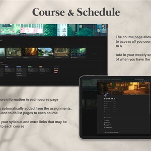 May include: A screenshot of a website displaying a course schedule with a dark background and a pixelated image of a building. The text "Course & Schedule" is at the top of the page. The website allows users to add courses to their weekly schedule.