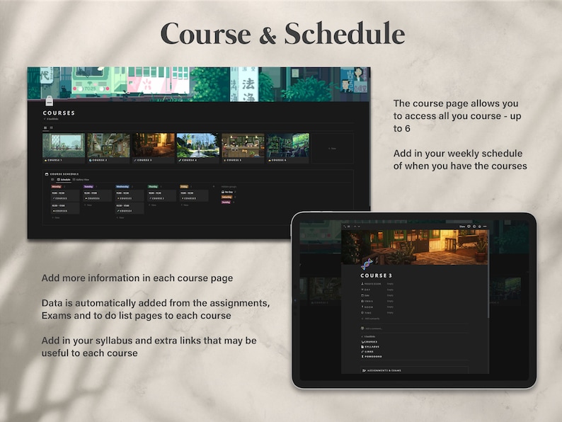 May include: A screenshot of a website displaying a course schedule with a dark background and a pixelated image of a building. The text "Course & Schedule" is at the top of the page. The website allows users to add courses to their weekly schedule.