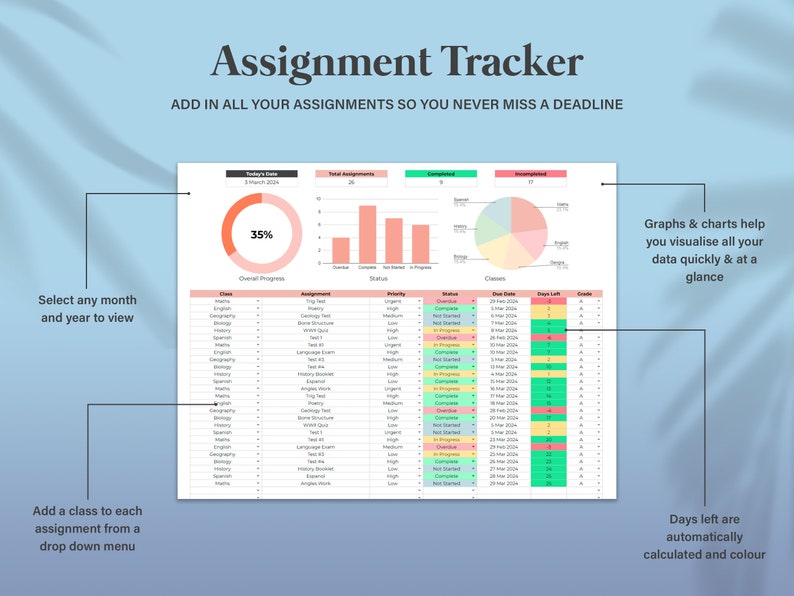 Simple Student Planner Spreadsheet, Assignment Tracker Google Sheets, Academic Planner Template Spreadsheet, College Planner Spreadsheet image 4