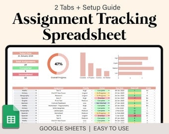 Assignment Tracking Spreadsheet Google Sheets, Assignment Tracker, School Spreadsheet, Homework Tracker, Assignment Tracker, Student Planner