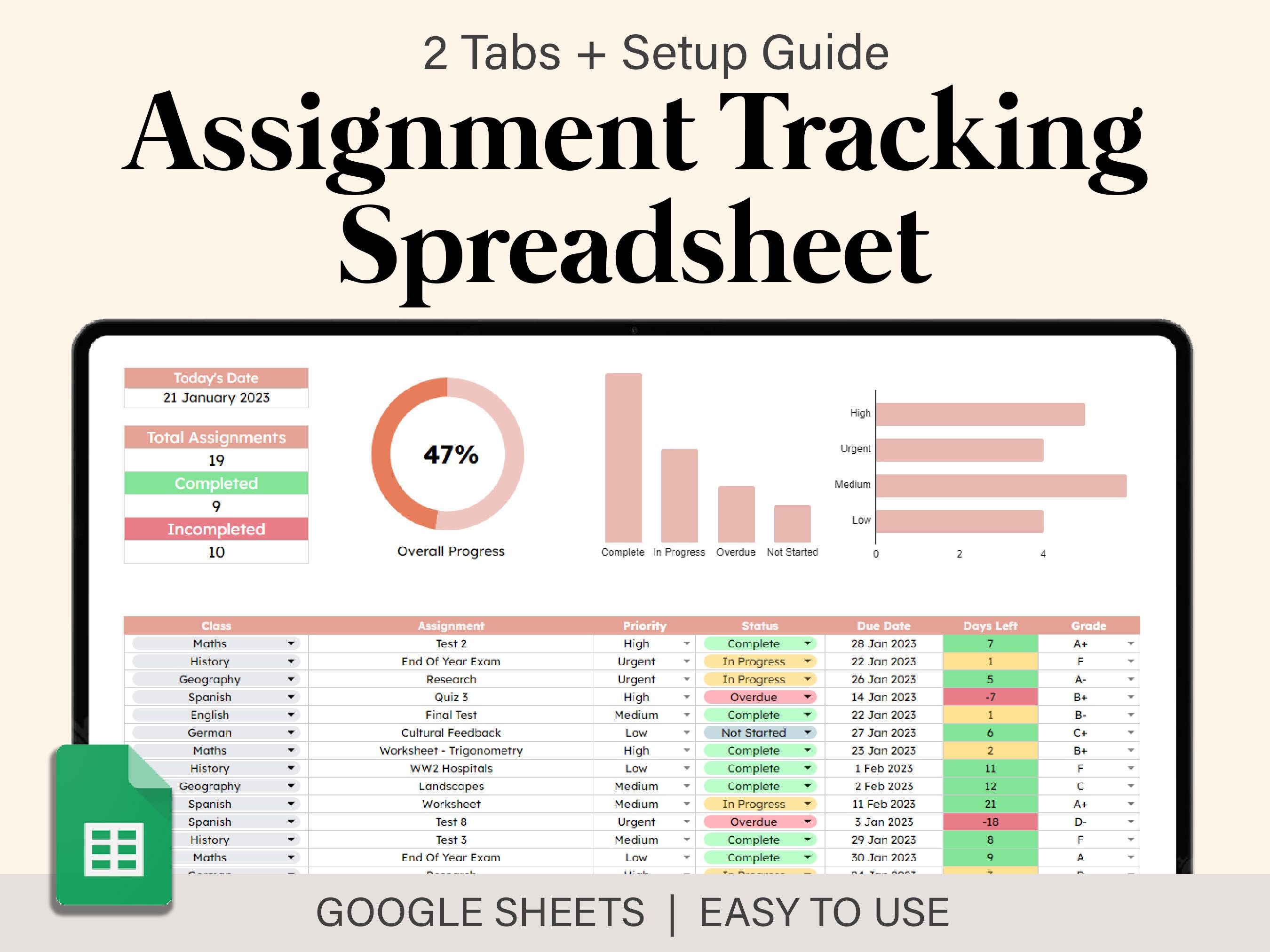 Assignment Tracking Spreadsheet Google Sheets, School Spreadsheet ...