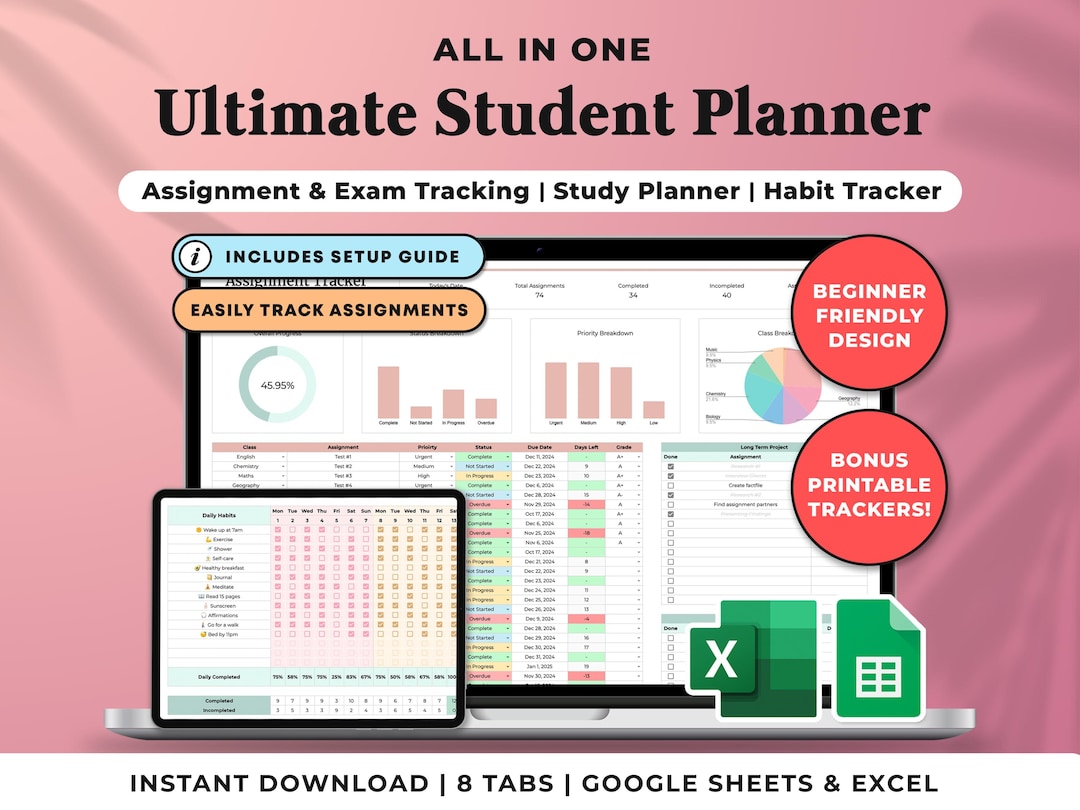 Academic Student Planner Spreadsheet, School Assignment Tracker Google ...