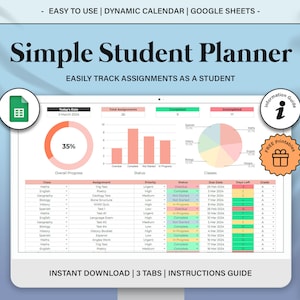 Simple Student Planner Spreadsheet, Assignment Tracker Google Sheets, Academic Planner Template Spreadsheet, College Planner Spreadsheet