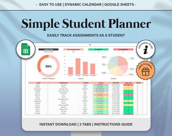 Simple Student Planner Spreadsheet, Assignment Tracker Google Sheets, Academic Planner Template Spreadsheet, College Planner Spreadsheet