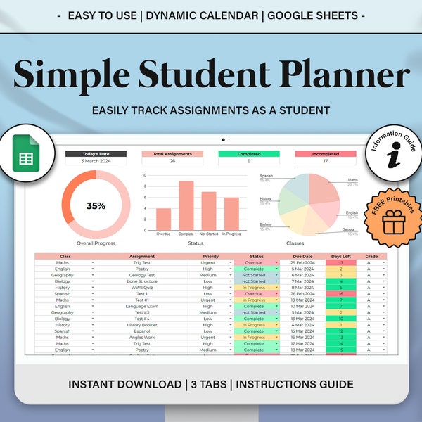 Einfacher Studentenplaner, Aufgabe Tracker Google Sheets, Akademische Planer Vorlage Tabelle, College Planer Tabelle