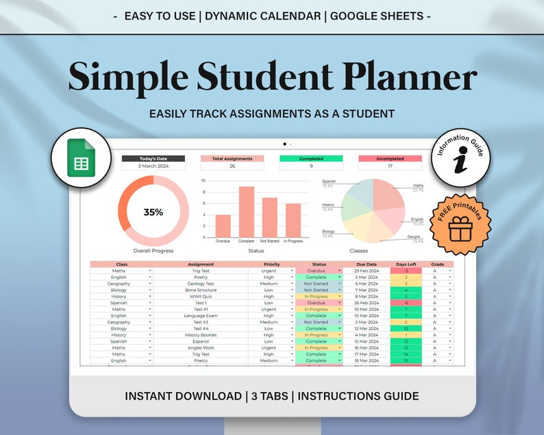 Simple Student Planner Spreadsheet, Assignment Tracker Google Sheets, Academic Planner Template Spreadsheet, College Planner Spreadsheet