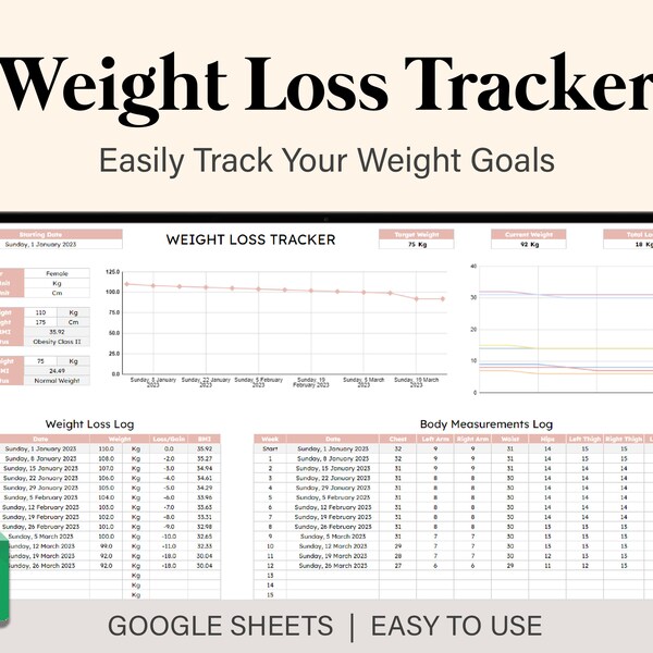 Weight Loss Tracker Google Sheets Template, Weight Loss Planner For Google Sheets, Weekly Weight Log, Weight Loss Journal Spreadsheet