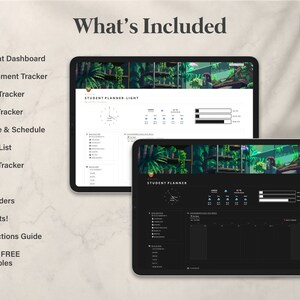 May include: A digital planner for students with a dark background and green foliage design. The planner includes features such as a student dashboard, assignment tracker, exam tracker, book tracker, course and schedule, to-do list, habit tracker, notes, reminders, widgets, and an instructions guide. It also includes bonus free printables.