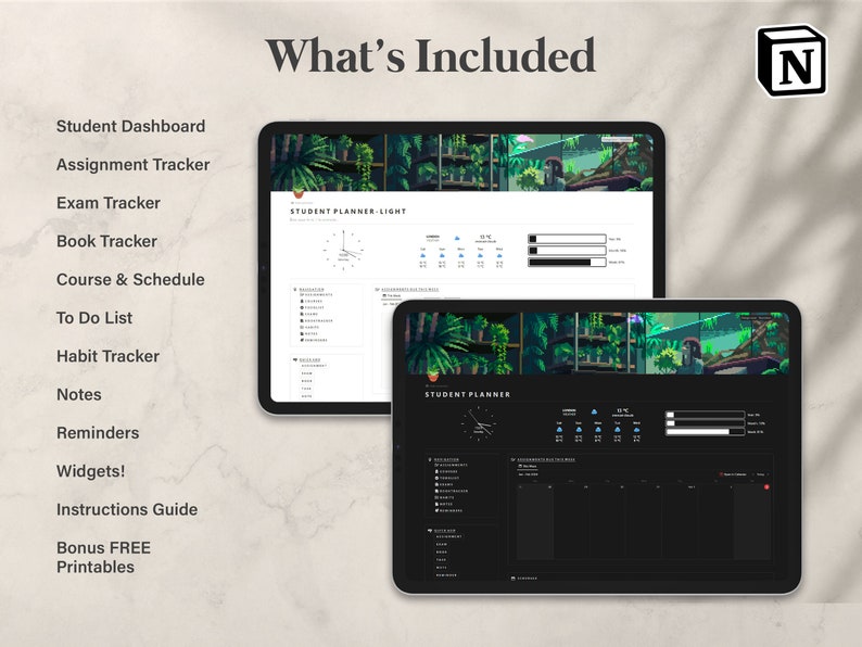 May include: A digital planner for students with a dark background and green foliage design. The planner includes features such as a student dashboard, assignment tracker, exam tracker, book tracker, course and schedule, to-do list, habit tracker, notes, reminders, widgets, and an instructions guide. It also includes bonus free printables.