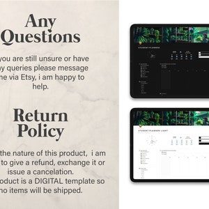 May include: A digital student planner template with a dark background and a green plant design. The planner includes a calendar, to-do list, and time management features. The text "Student Planner" is visible at the top of the planner.