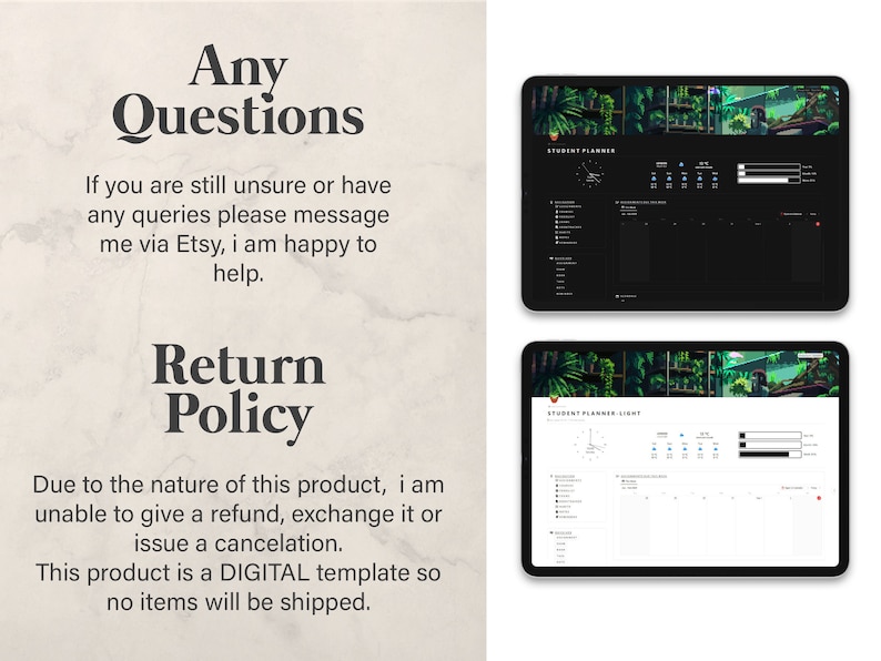 May include: A digital student planner template with a dark background and a green plant design. The planner includes a calendar, to-do list, and time management features. The text "Student Planner" is visible at the top of the planner.