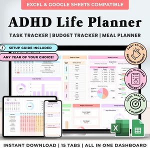 Planificador de vida para TDAH, hoja de cálculo, plantilla de lista de tareas pendientes de Google Sheets, organizador digital, seguimiento de presupuesto, planificador de productividad de Excel, objetivo diario