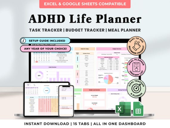 ADHD Life Planner Spreadsheet Google Sheets Task To Do List Template Digital Organizer Budget Tracker Excel Productivity Planner Daily Goal