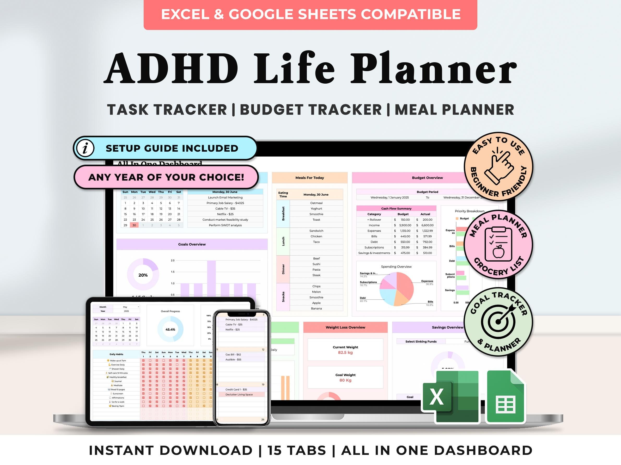ADHD Life Planner Spreadsheet Google Sheets Task To Do List Template Digital Organizer Budget Tracker Excel Productivity Planner Daily Goal