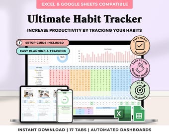 2026 Daily Habit Tracker Spreadsheet Excel Monthly Habit Planner Google Sheets Productivity Time Management Template ADHD Goal Tracker To Do