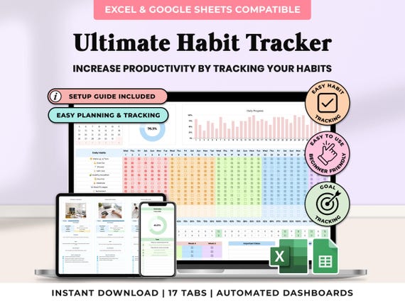 2026 Daily Habit Tracker Spreadsheet Excel Monthly Habit Planner Google Sheets Productivity Time Management Template ADHD Goal Tracker To Do