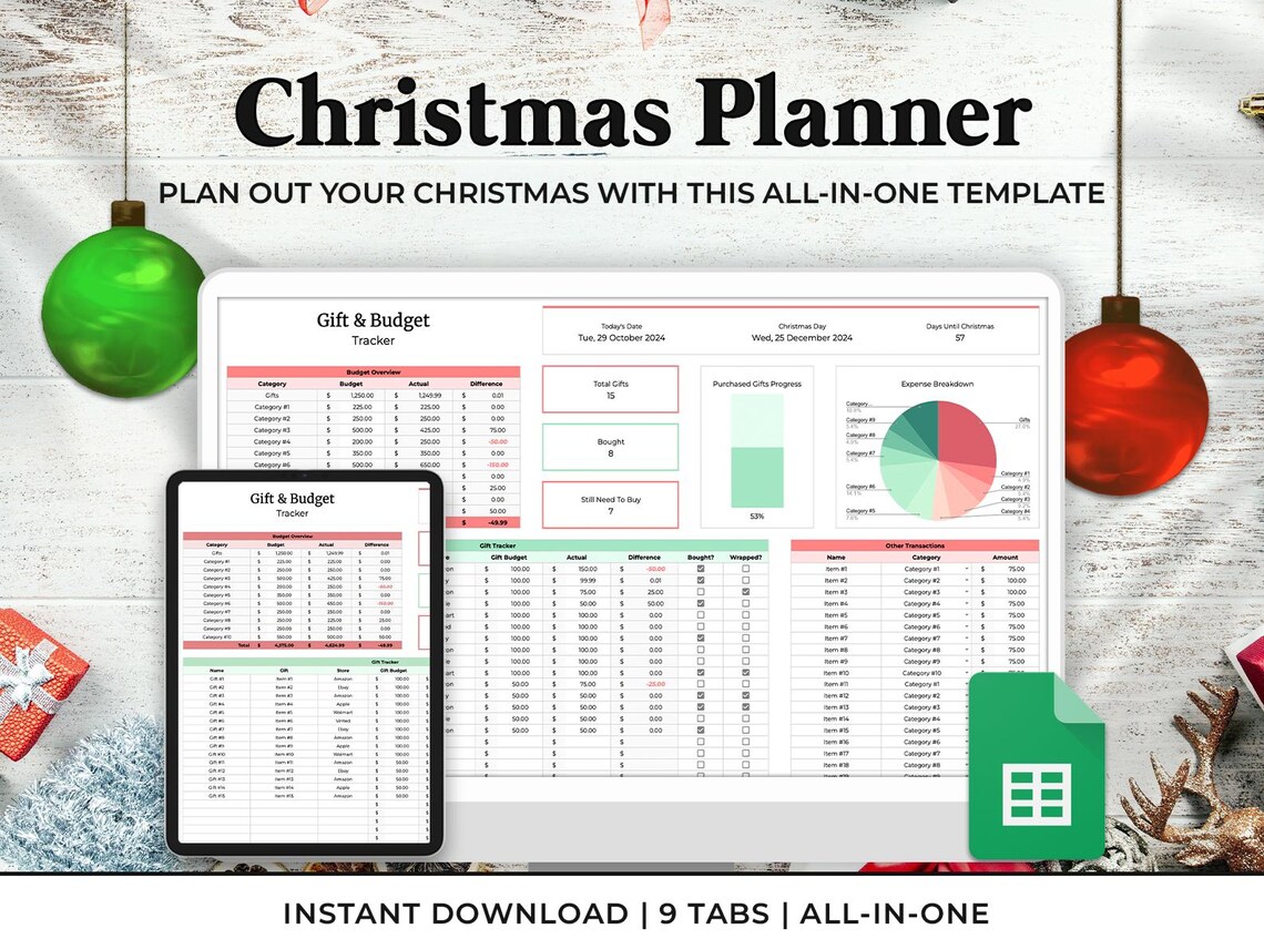 Christmas Planner Spreadsheet Google Sheets Budget Tracker Gift Tracker ...