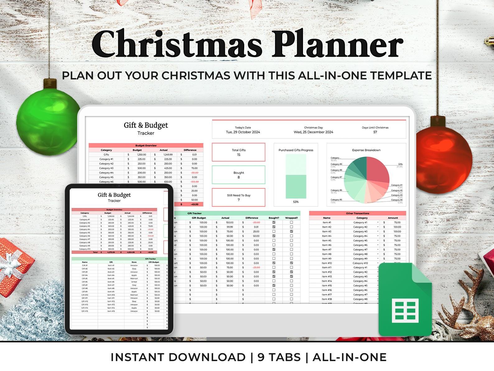 Christmas Planner Spreadsheet Google Sheets Budget Tracker Gift Tracker ...