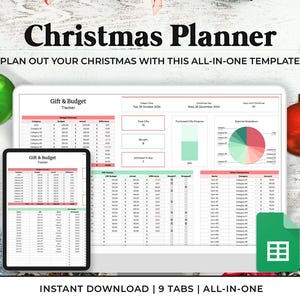 Planificateur de Noël Feuille de calcul Feuilles Google Suivi du budget Modèle de suivi des cadeaux Suivi des dépenses pour les cadeaux et les fêtes Suivi des cartes