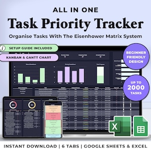 May include: A digital task priority tracker template for Google Sheets and Excel. The template features a Kanban board, Gantt chart, and Eisenhower Matrix system. It is beginner-friendly and can handle up to 2,000 tasks. The template is available for instant download and includes 6 tabs.