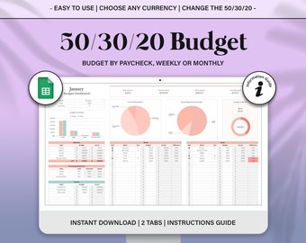 50/30/20 Budget Planner Spreadsheet, Monthly Biweekly Budget Google Sheets, Paycheck Budget Template, Bill Calendar Debt Tracker