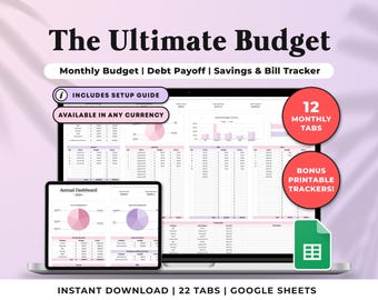 Ultimate Annual Budget Google Sheets Spreadsheet Monthly Weekly Biweekly Budget Tracker Debt & Savings Planner Bill Calendar Template