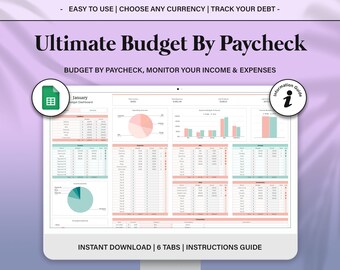 Budget by Paycheck Spreadsheet For Google Sheets,  Monthly Budget Template, Financial Planner Debt Snowball, Personal Weekly Budget Template
