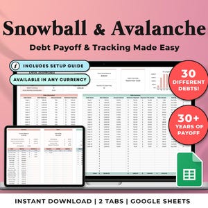 Hoja de cálculo de seguimiento de pago de deudas, calculadora de bola de nieve y avalancha de deudas, hojas de cálculo de Google para pago de préstamos de tarjetas de crédito, planificador de pago de deudas