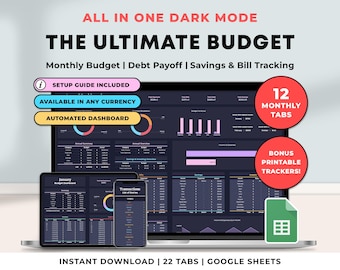 Ultimate Annual Budget Tracker Spreadsheet Google Sheets Monthly Budget Planner Template Personal Finance Debt Payoff Tracker Dark Mode