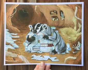 Art Print | Scholarly Badger | Illustration | Animal Art | Gouache Painting | 10x8