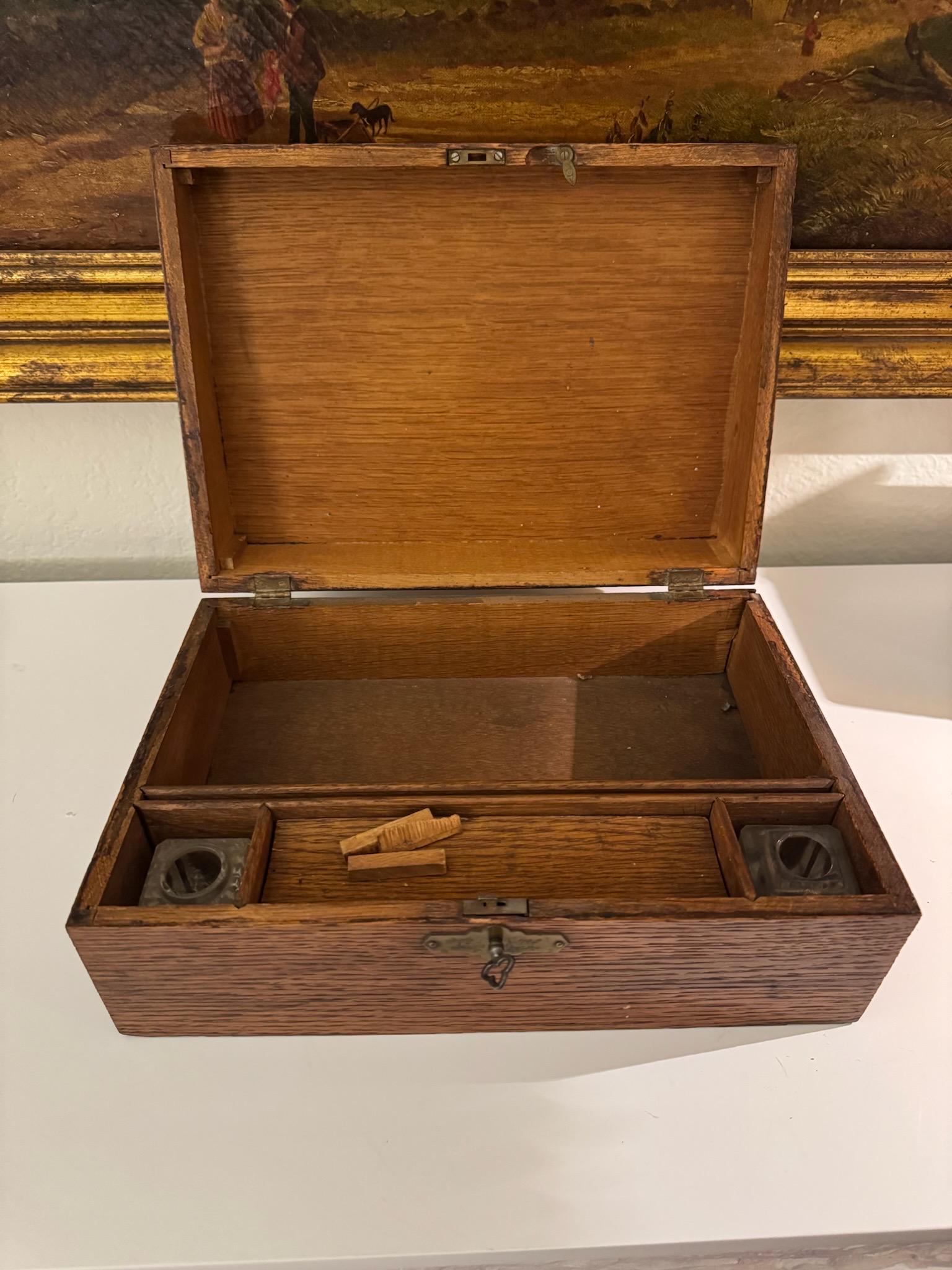 Antique Oak Writing Box With Brass Hardware, Two Inkwells - Etsy