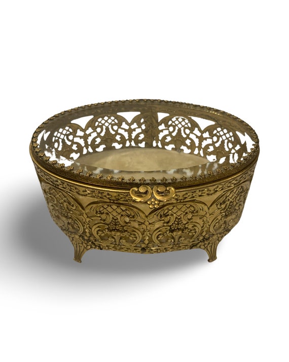 Vintage Filigree Ormolu Oval Jewelry Box, Mid Cent