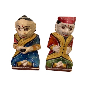 Vintage Wooden Hand Carved Hand Painted Meditating Figurines from India