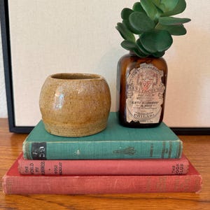 May include: A stack of three books with red and green covers. The top book has the title "The World My Wilderness" by Rose Macaulay. The middle book has a green cover with a gold torch design. The bottom book has a red cover with the text "The Book Club". A small brown ceramic pot and a glass bottle with a label that reads "Tobacco Scotch & Rappee Manufactured by Levi Garrett 5126 S. Front Street Philads" are on top of the books.