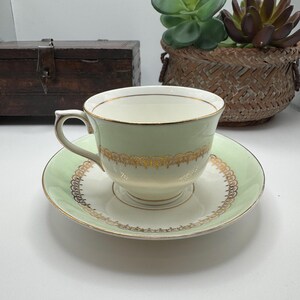 Vintage Colobough Bone China Pastel Green and Gold Tea Cup and Saucer, Made in England